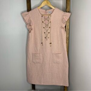 VOY Pink Ruffle Sleeve Dress with Lace-Up Front Size S